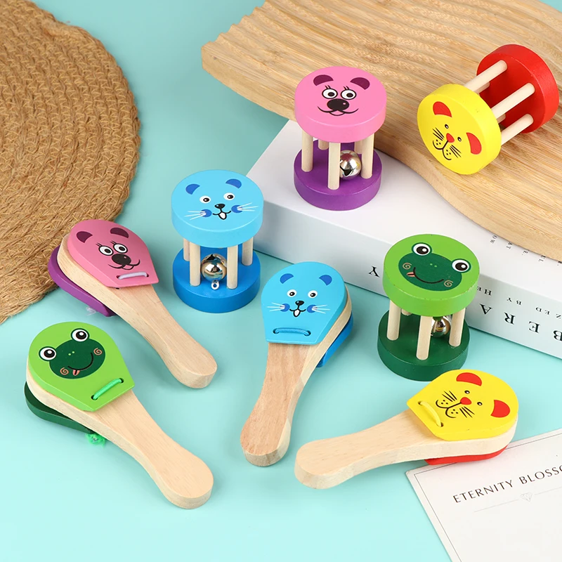 子供向け漫画木製カスタネット五連ラトルベルベビーハンドル付き楽器おもちゃ教育玩具