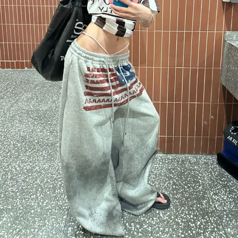 

Deeptown Gray Graphic Print Women Pants Drawstring Wide Leg Jogging American Retro Sweatpants Harajuku Baggy Hip Hop Streetwear