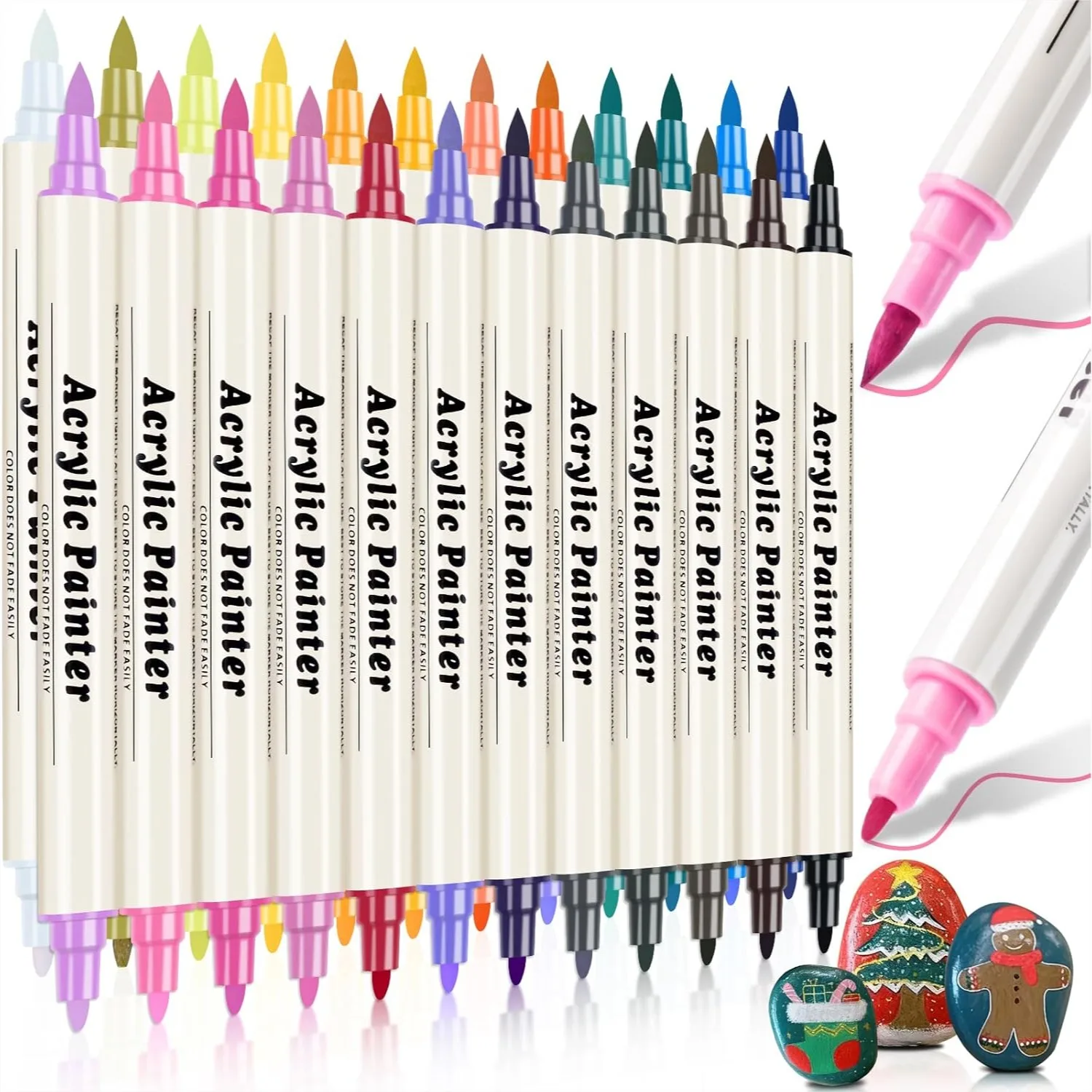 

24 Colors Dual Tip Acrylic Paint Pens, Brush & Fine Tip Markers for Christmas Decorations, Art Supplies for Wood, Fabric, Stone