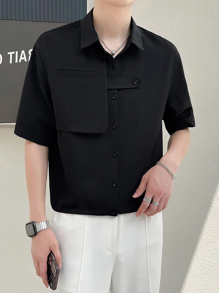 

Casual Spliced Short Sleeve Men's Shirt Thin Summer Fashion Brand Handsome Loose Fit Youthful Style Pure Color Turn-down Collar