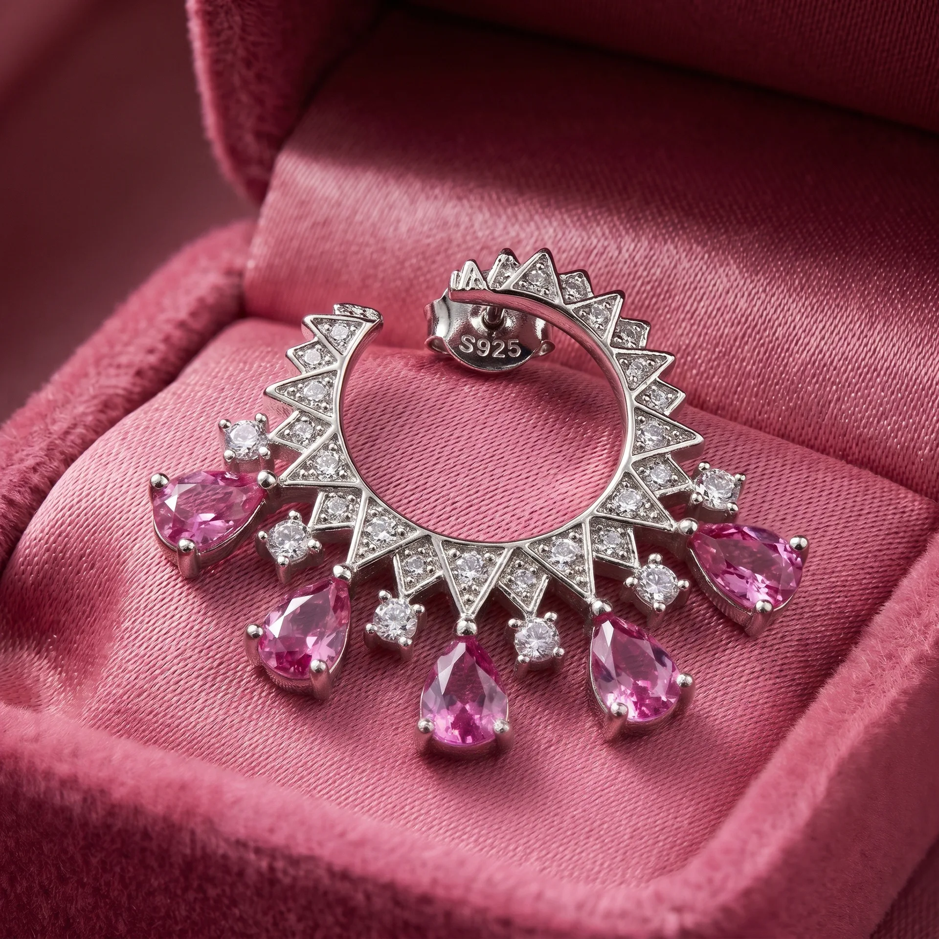 Natural Pink Sapphire C Shape Earrings 3*4mm Pear Gemstone Rose Gold Plated S925 Silver White Zircon Women Fan Jewelry