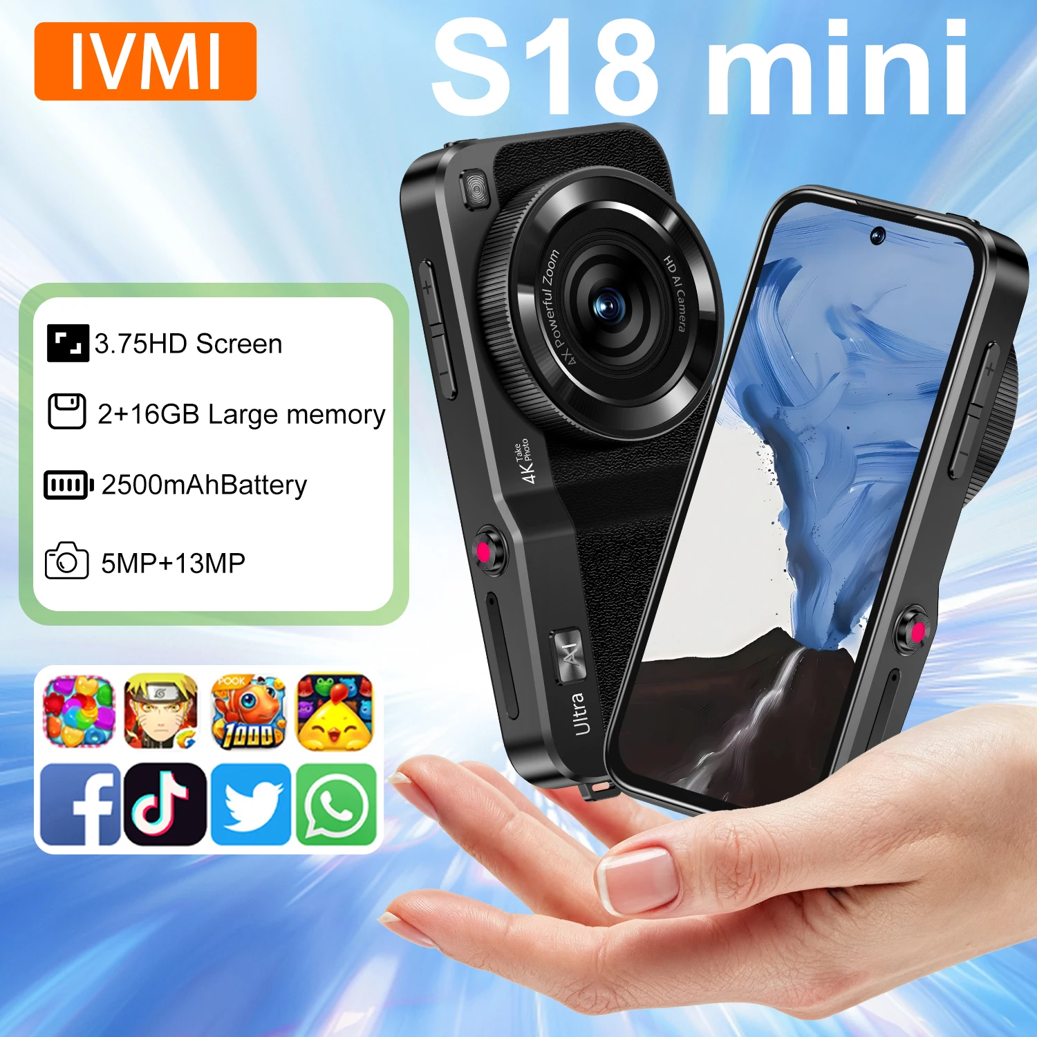 IVMI S18 Mini Smartphone 5MP+13MP Android 2GB+16GB Camera Bluetooth Wi-Fi Google Students and Children Mobile Phone