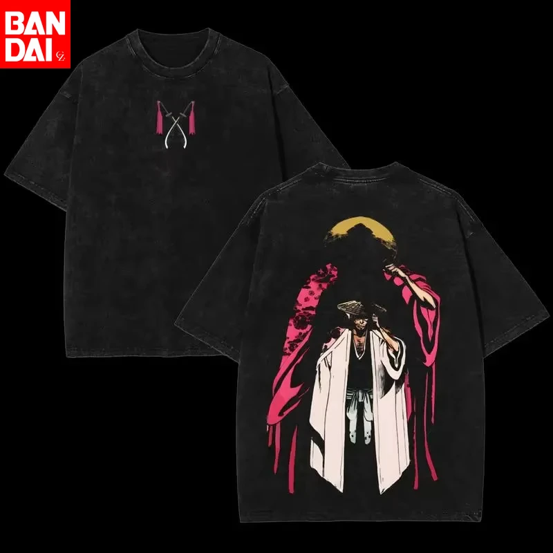 

Retro Wash BLEACH Kuchiki T Shirt Men Oversized Anime Graphic Tees Senbonzakura Kageyoshi Print Cotton Short Sleeve Streetwear