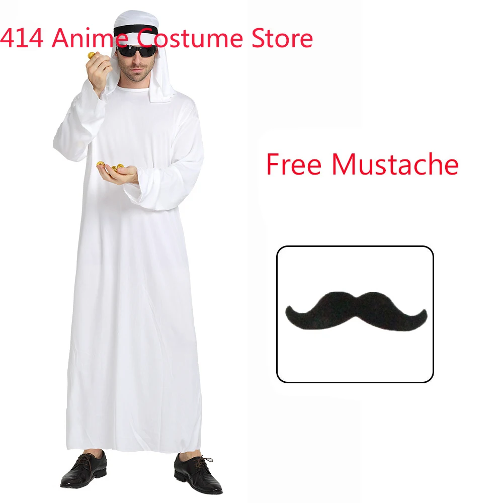 Arab Arabian Sheikh Costume for Adult Men Middle East Clothes Sultan White Robe Fantasia Purim Halloween Fancy Dress