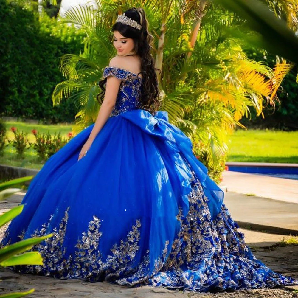 ANGELSBRIDEP-Robe de Rhde luxe bleu royal avec perles et nœud en cristal, robe de Quinceanera, appliques dorées, corset éducatif