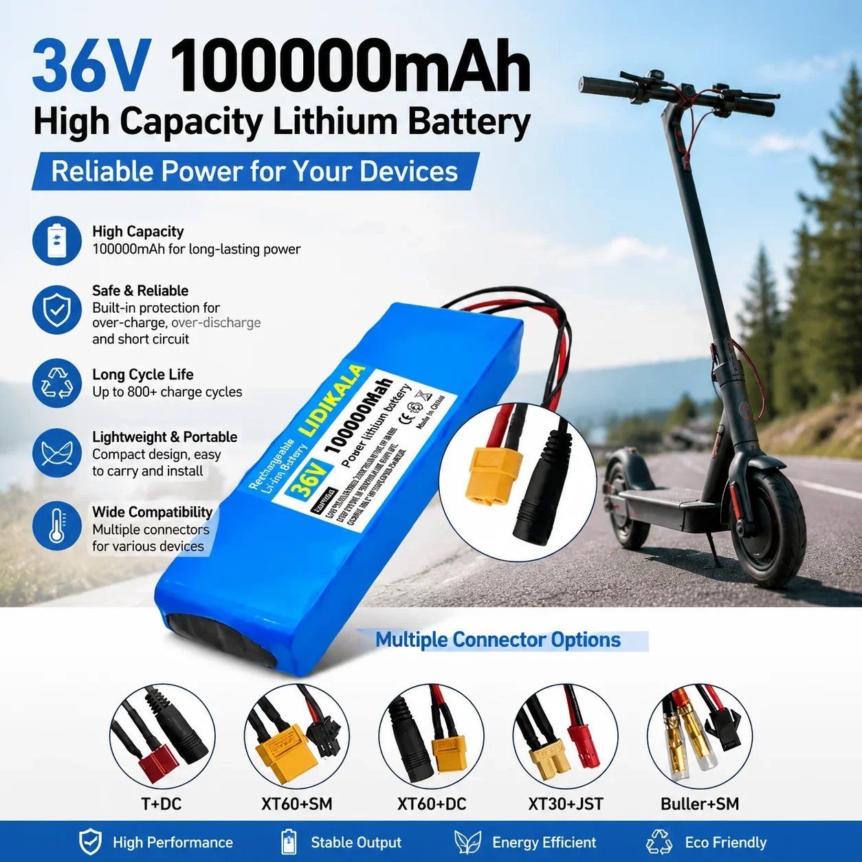Batteria al litio ricaricabile da 36 V e 100.000 mAh per monopattino elettrico e bicicletta elettrica, dotata di BMS e di diversi connettori: XT60, XT30, T+DC.