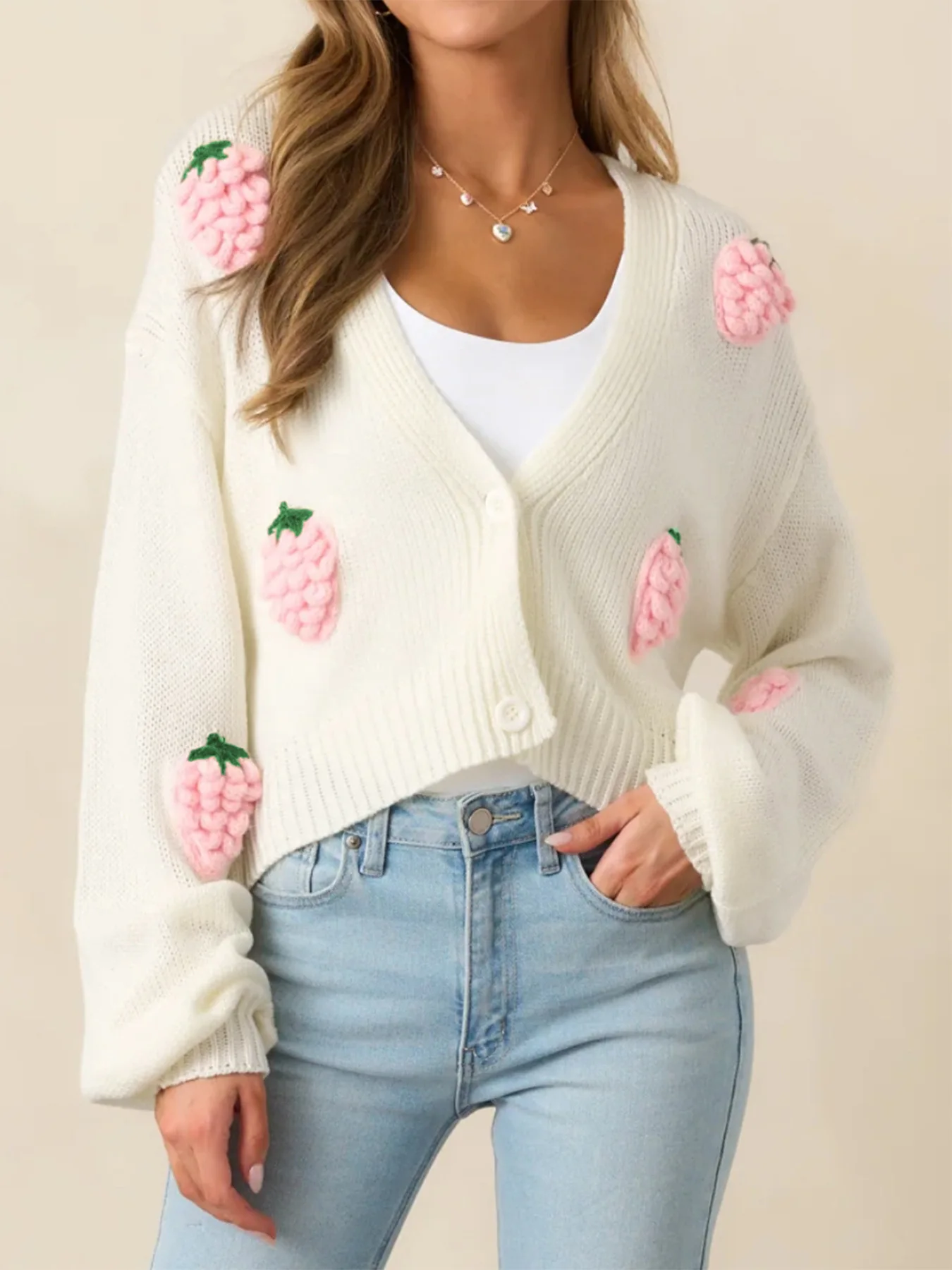 

3D Strawberry Pattern Women's Elegant Sweater Cardigan Autumn/winter New Strawberry Stickers Cute Girl Style Knitted Coat