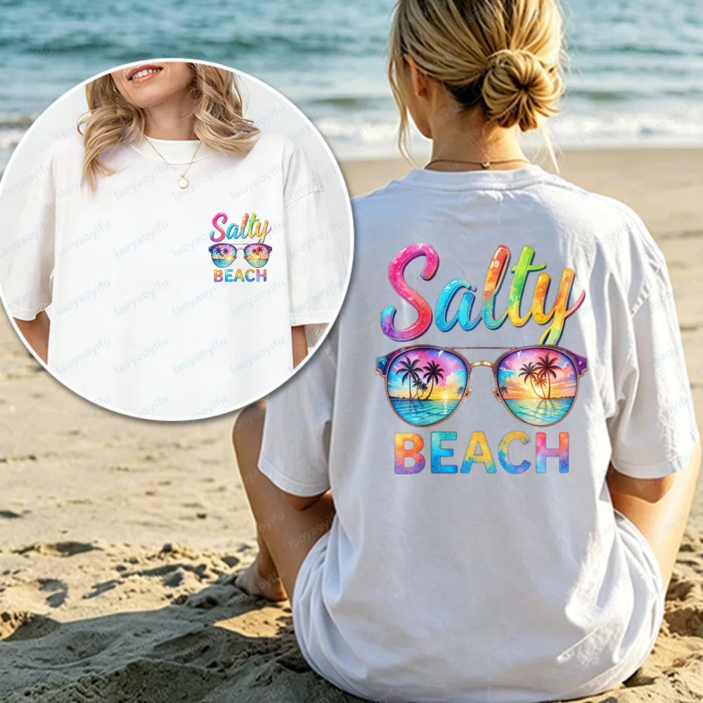 Salty Beach Sonnenbrillen-Baumwoll-T-Shirt, modisches Streetwear-Regenbogen-Sonnenuntergang-Grafik-T-Shirt, lässiges Küsten-Oberteil, Sommerkleidung für Damen