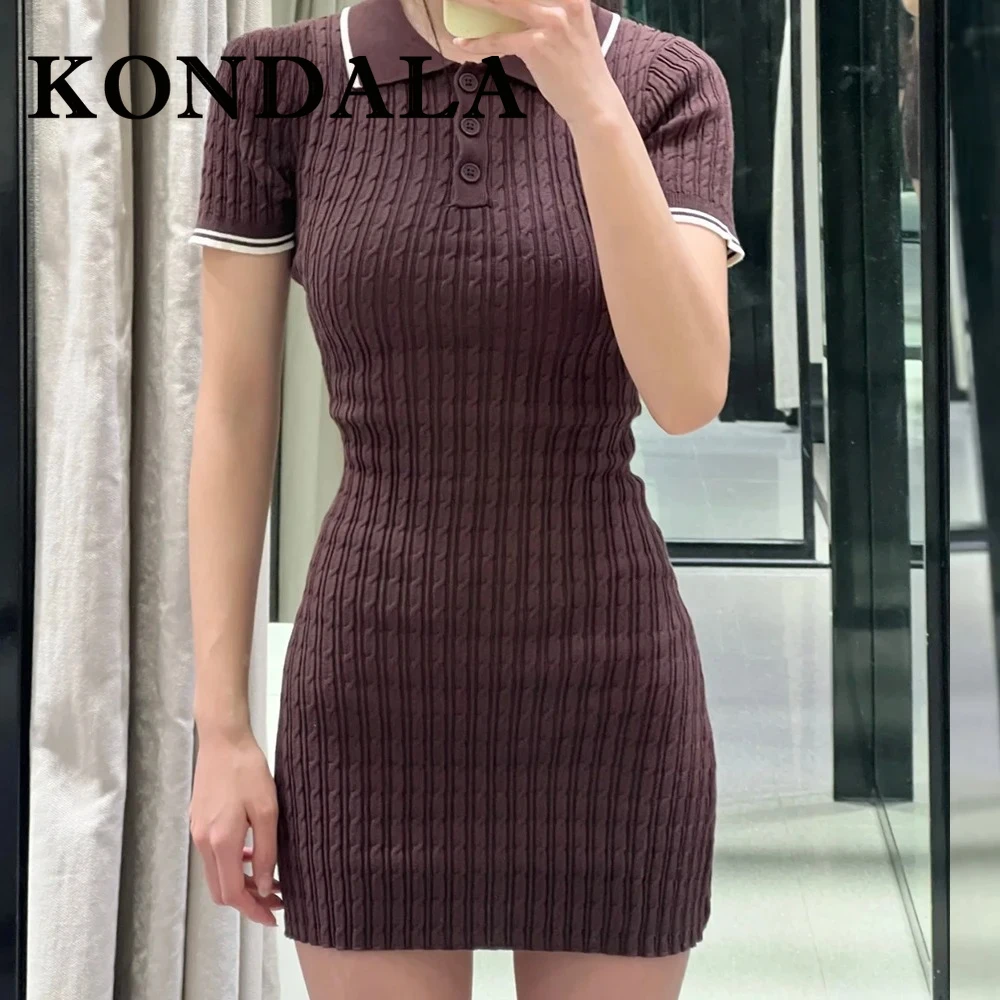 

KONDALA шикарное коричневое женское мини-платье-футляр, модное лето 2025 года, плиссированное платье с короткими рукавами, вечерние повседневные сексуальные винтажные платья