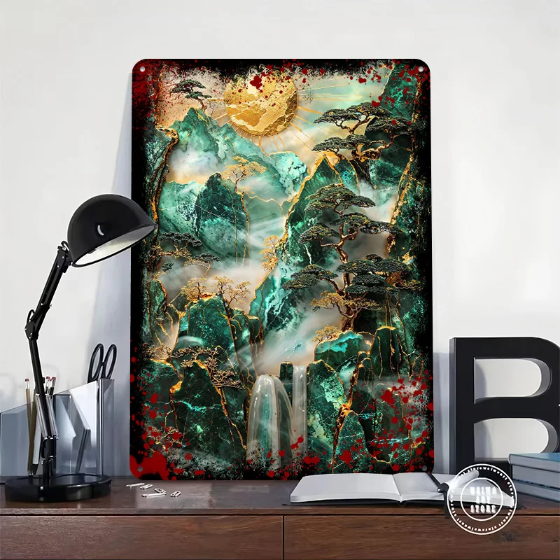 Misty Mountain Sunrise Printed Poster Customized Wall Art Retro Vintage Metal Tin Signs for Home Interior Decoration Living Room