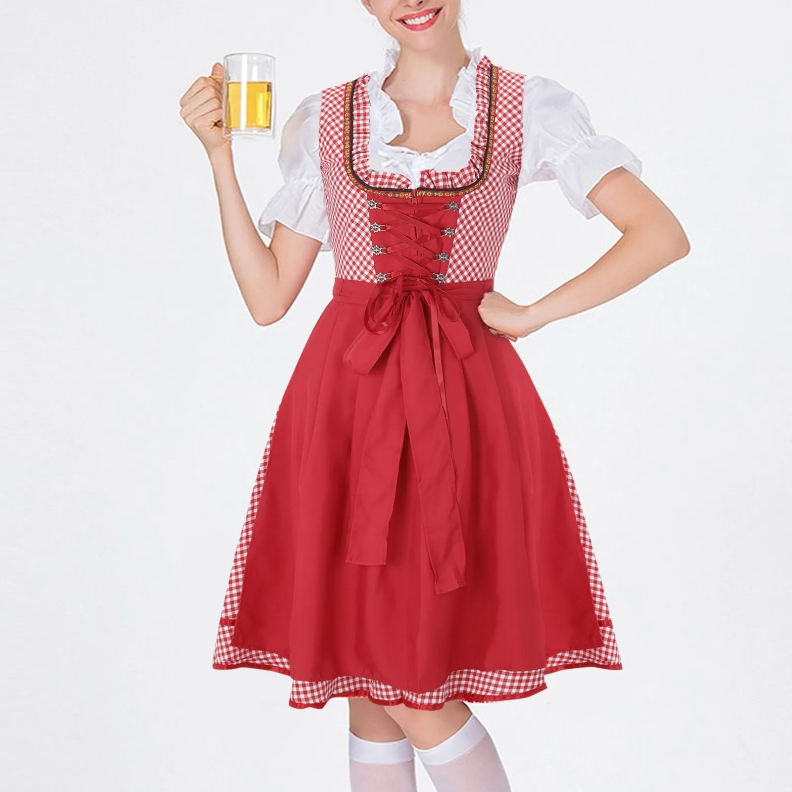 Oktoberfest Plaid Dirndl Jurk Duits Bavarian Bier Wench Serveerster Meid Jurk Cosplay Kostuum Carnaval Halloween Feestjurk