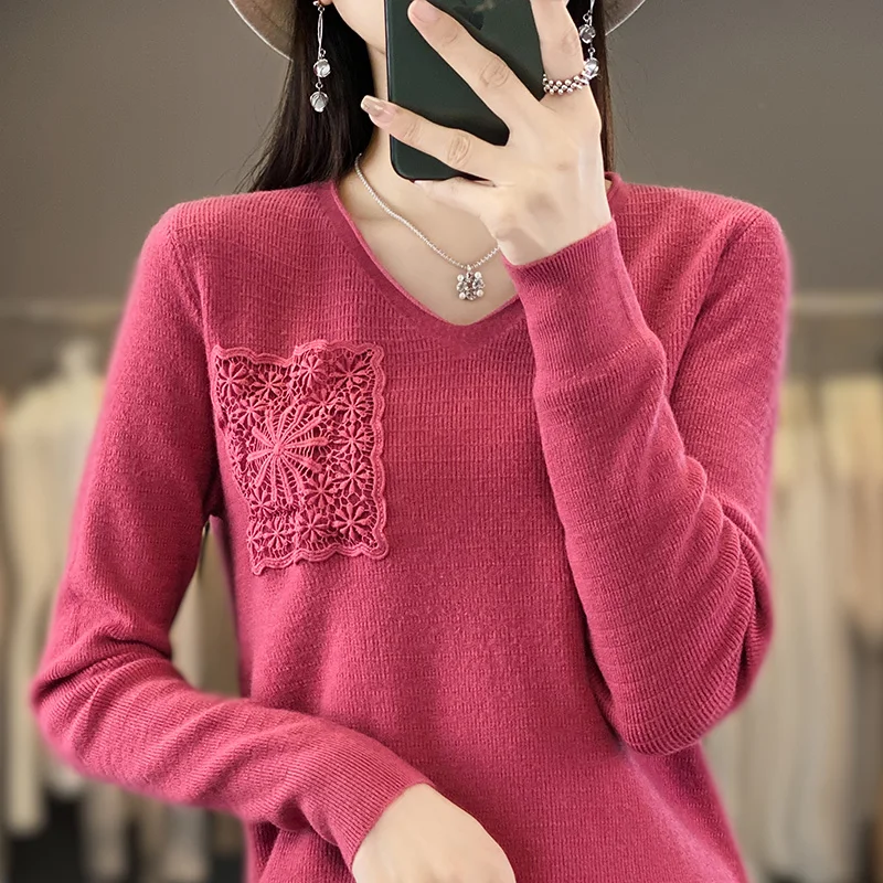 2023 New Hooked flower pocket Cashmere sweater women V-Neck Long sleeved cashmere sweater women casual knitted  women