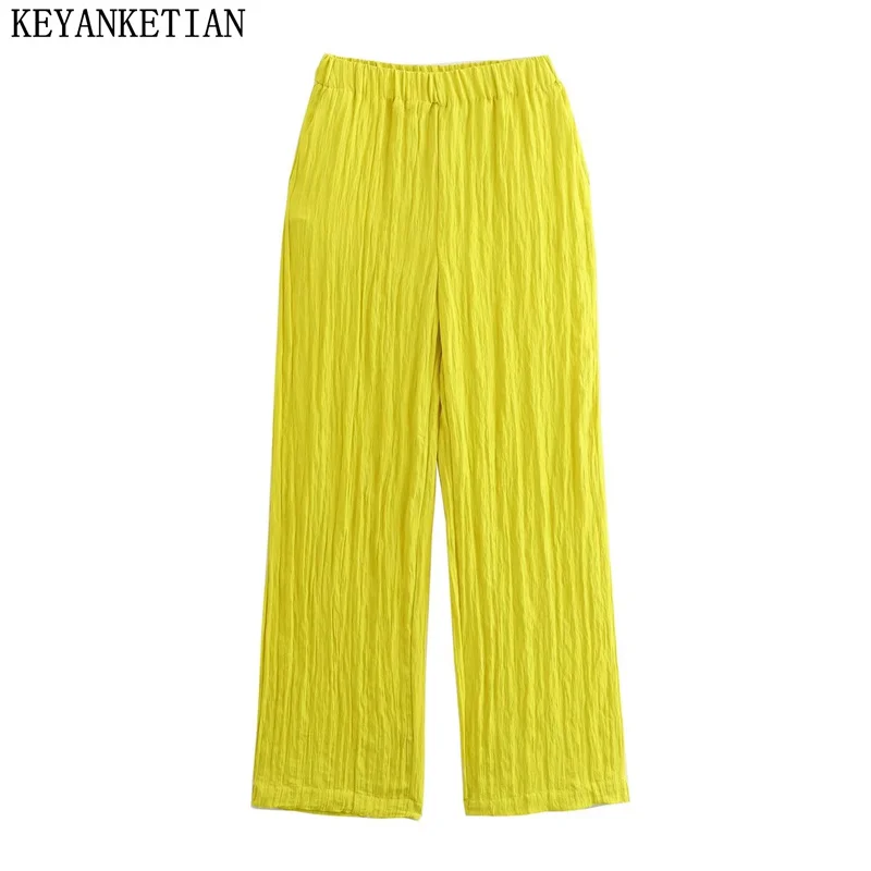 

KEYANKETIAN 2024 New Women's Pleated Effect Slacks Retro style Pockets Elastic Waist Loose Thin Long Trousers Straight Pants