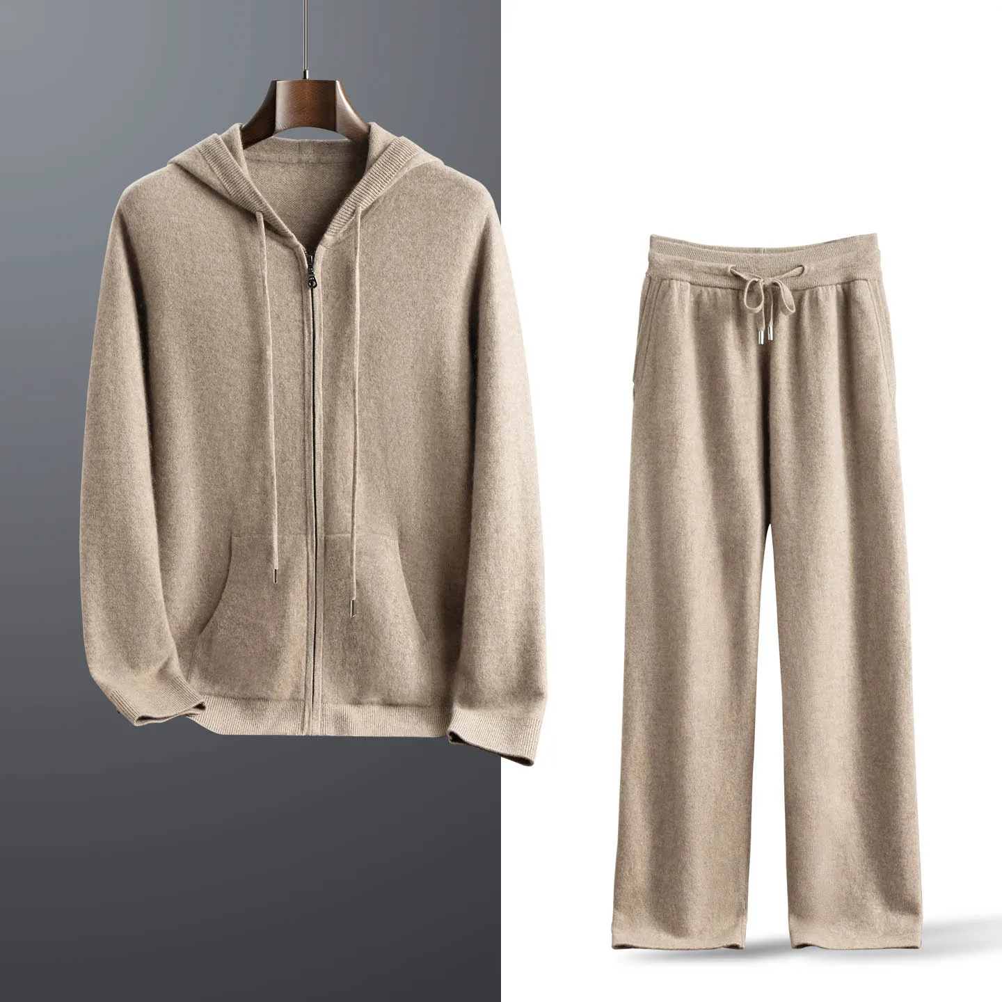 Men's 100% Cashmere Suit Hooded Cardigan Straight Trousers Two-Piece Set Sweater & Pants Autumn Winter High Quality Knitwear