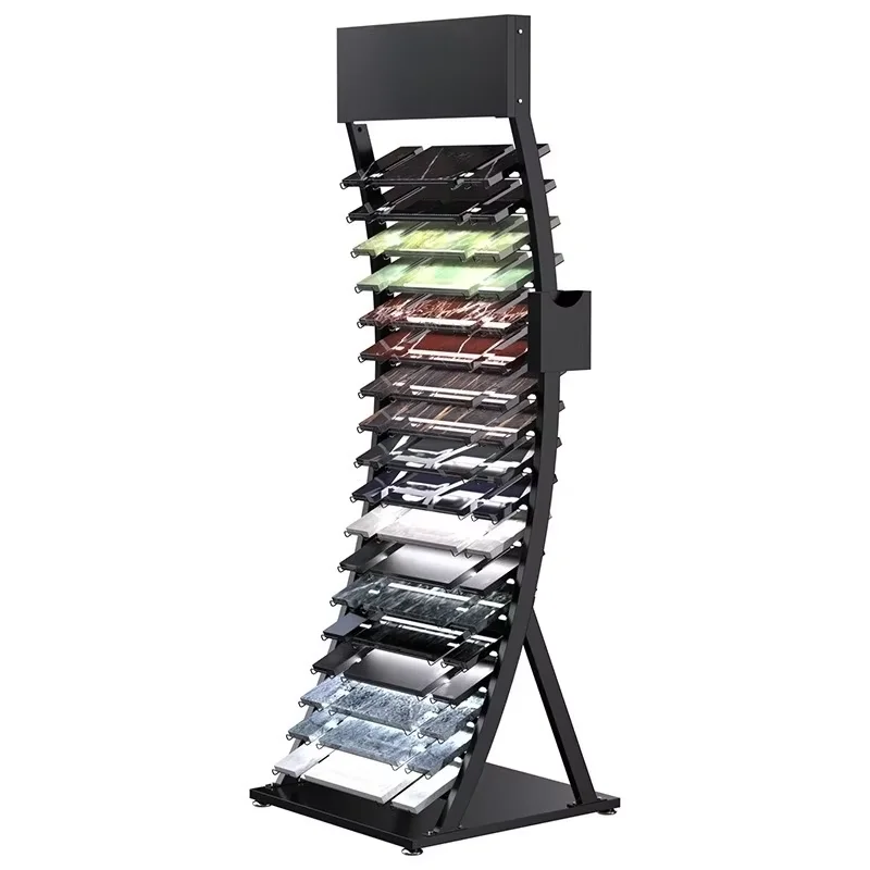 Metal Sliding Ceramic Tile Marble Stone Wood Floor Board Showroom Display Stand With Led Light