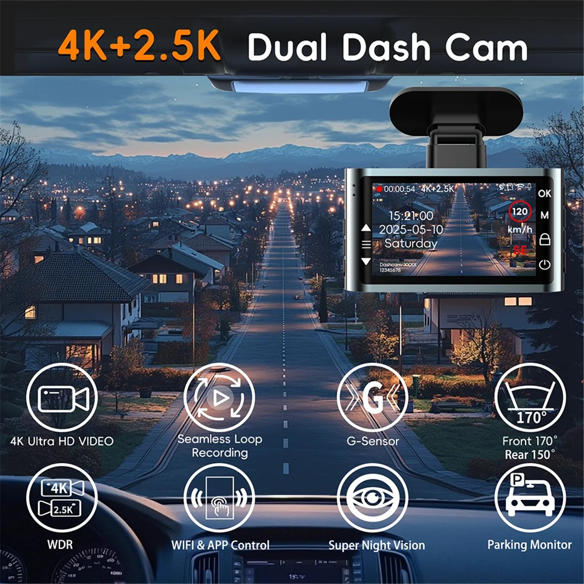 

Передняя и задняя видеорегистратор A45U 4K и 2,5K с управлением через приложение Wi-Fi Поддержка GPS Ночное видение G-сенсор Парковочный монитор Контурная запись