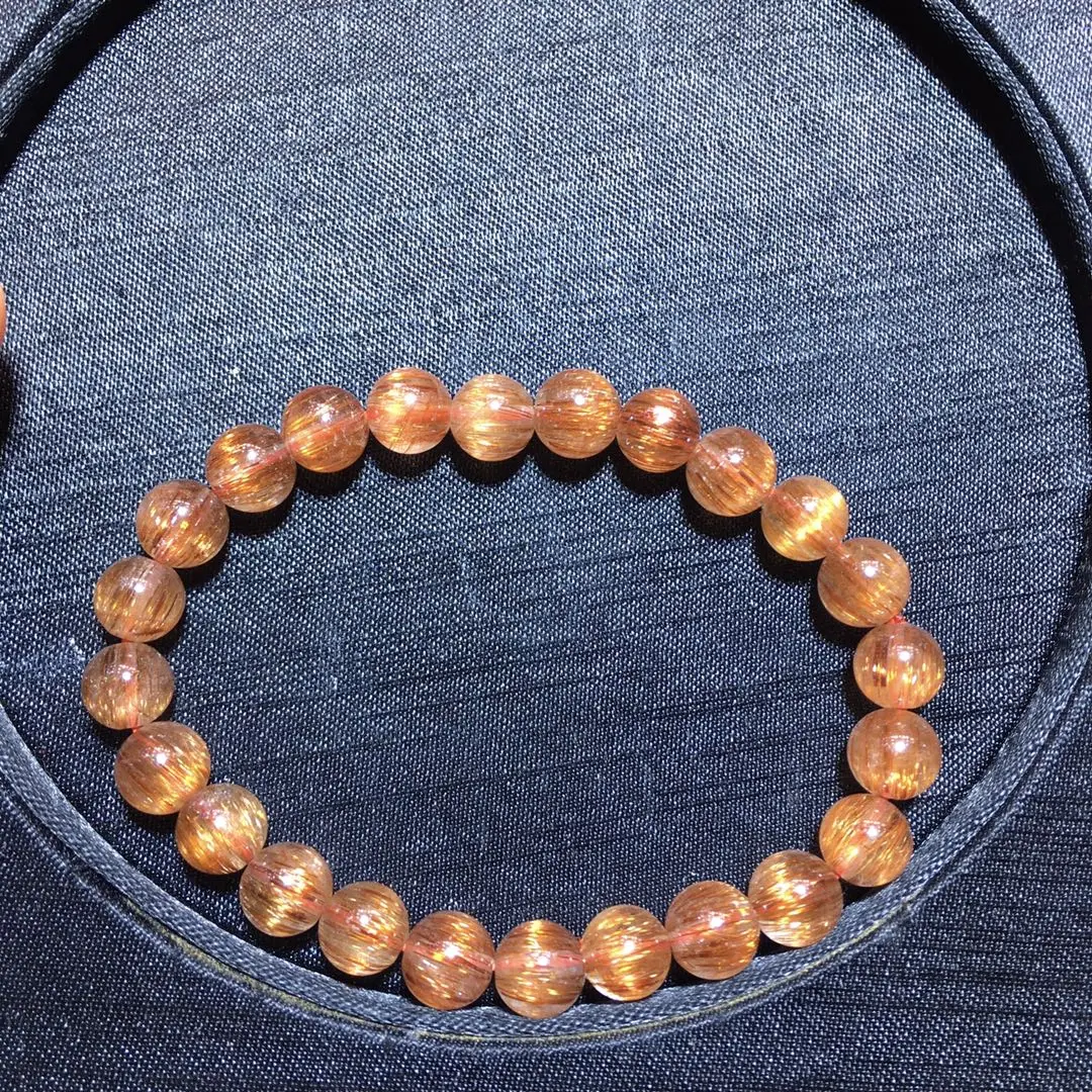 7.7mm Natural Copper Rutilated Quartz Bracelet Cat Eye Rutilated Clear Round Beads Women Man Bracelet AAAAAA