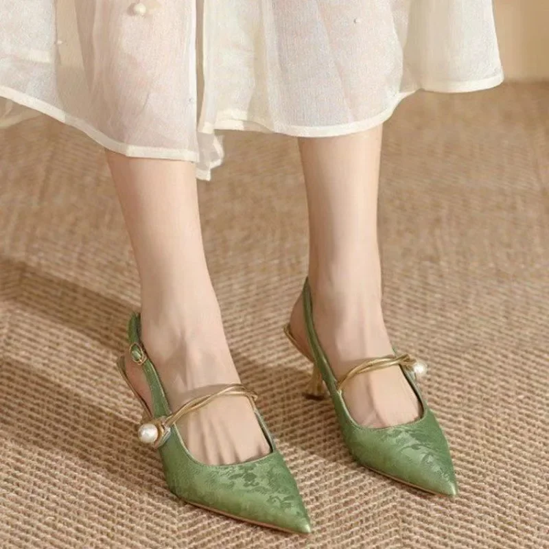 2024 New Summer Fashion Pointed Toe Pearl Shoes Women Sexy Women Sandals High Heels Banquet Women Shoes