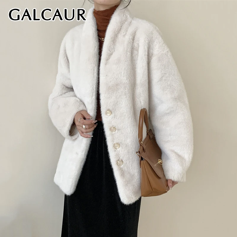 GALCAUR, abrigo de invierno para oficina para mujer, cuello en V, manga larga, Patchwork, chaqueta elegante con temperamento de un solo pecho, ropa femenina