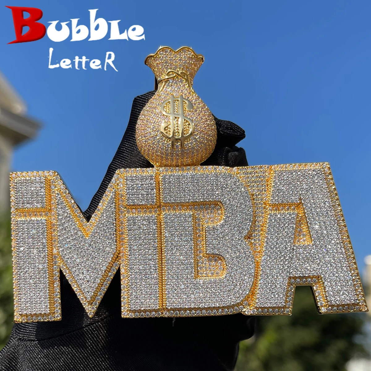 

Bubble Letter Customized Pendant Personalized Name Plate Necklace for Men Two Tone Money Bag Bail Prong Setting Hip Hop Jewelry