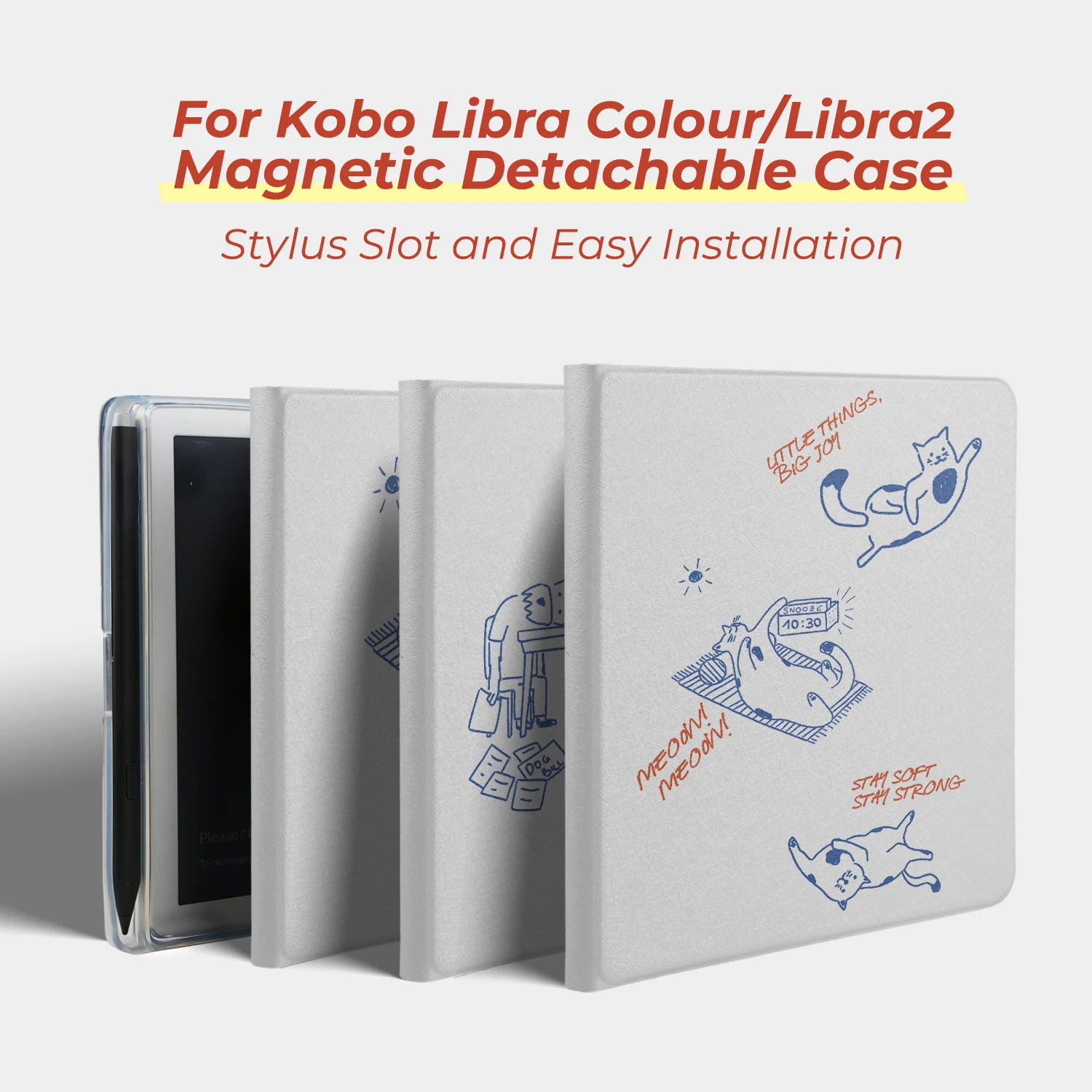 Twosheep suit for Kobo Libra Colour Kobo Libra2 Magnetic Detachable Case Cover with Stylus Slot Clear Back Line Cat Dog Style