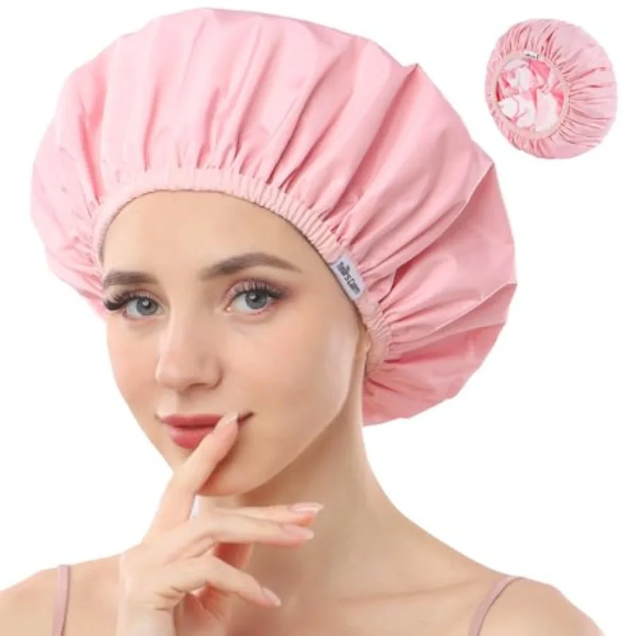 

Shower Caps For Women Reusable WaterproofPattern And Solid Color Dual-Layer Design For Dual-Layer UsableProtects Hair In Shower