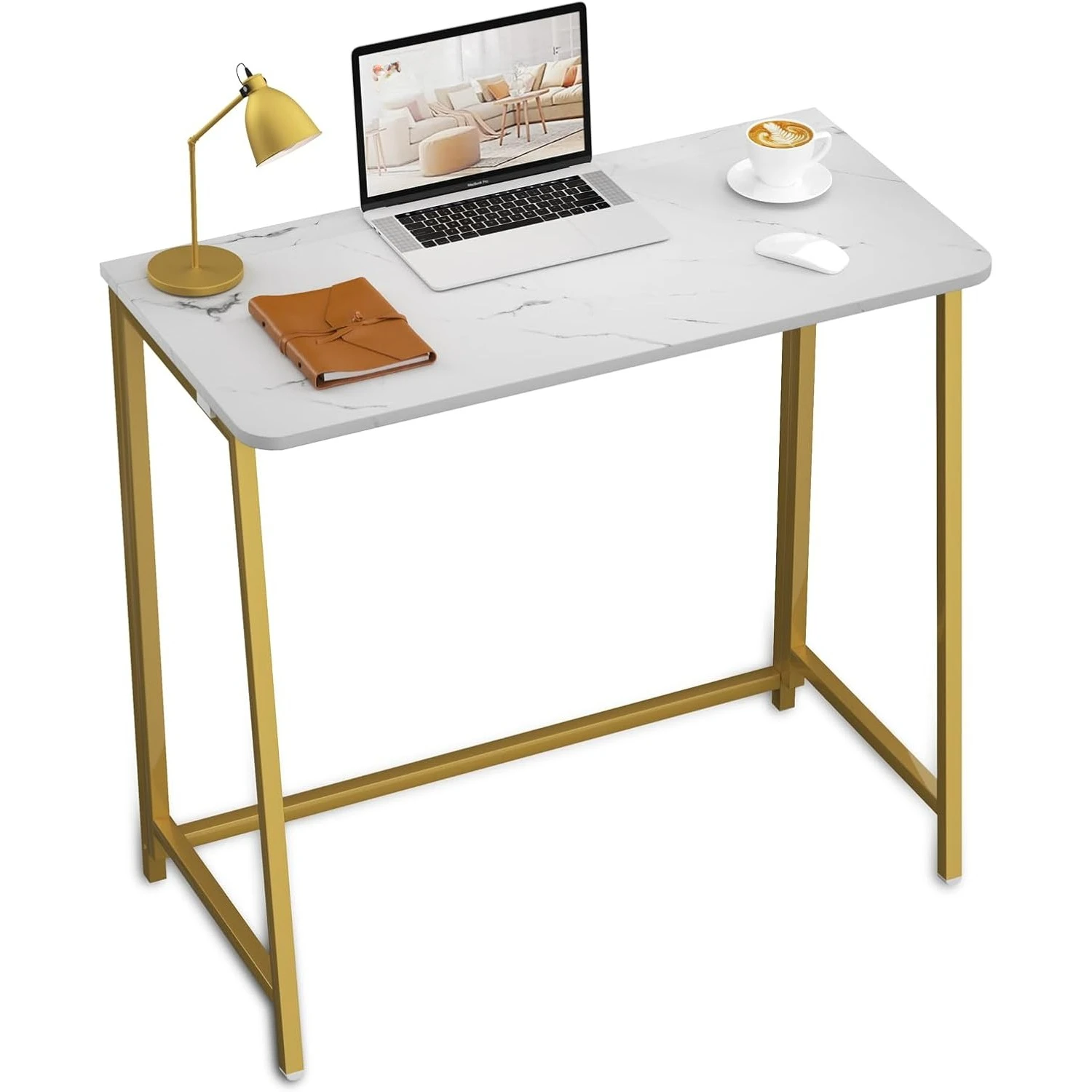 

White Marble Folding Desk, 31.5" Small Desk for Small Spaces with Gold Legs, Easy Assemble Foldable Computer