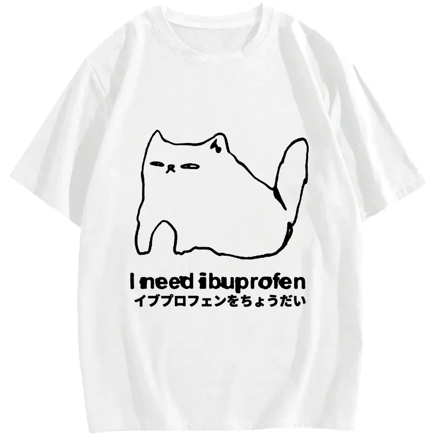 

Футболка с забавным принтом кота и надписью «I Need Ibuprofen» для мужчин, с коротким рукавом, графическим принтом, повседневная, свободного кроя, с круглым вырезом, в стиле Harajuku, уличная мода.