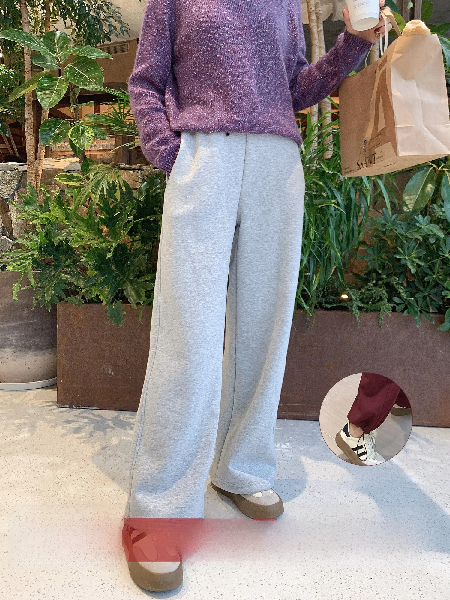 

Elastic Waist Loose Straight Leg Tee Color Fce Lined Thiened Two-Way Casual Spor Sweatpants for Women Polyester Fiber