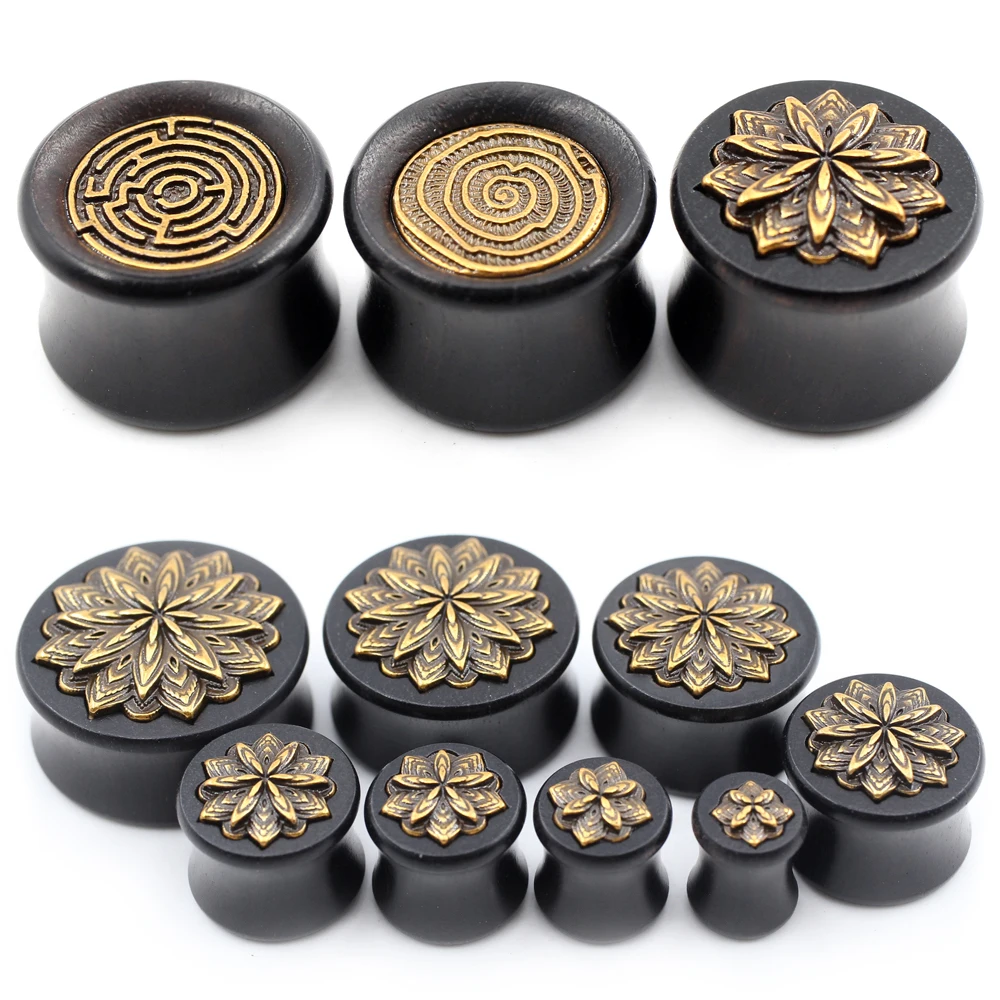 Alisouy 2PCS Wood Copper Flower Spiral Double Flared Ear Tunnels Plug Expander Stretcher Gauges Earrings Piercing Body Jewelry