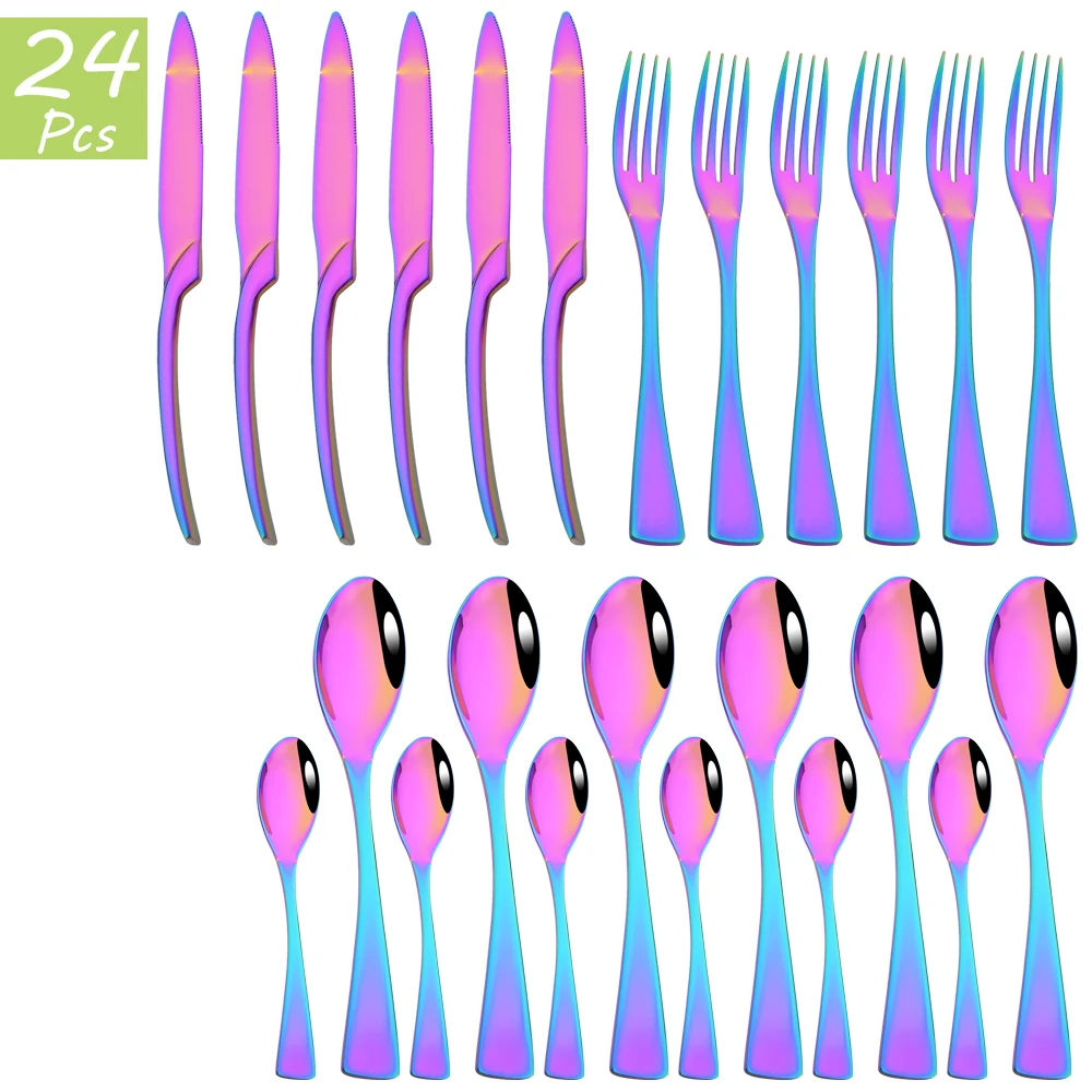 

24Pcs Colorful Dinnerware Set Knife Forks Tea Spoon Cutlery Set Western Stainless Steel Tableware Kitchen Flatware Birthday Gift