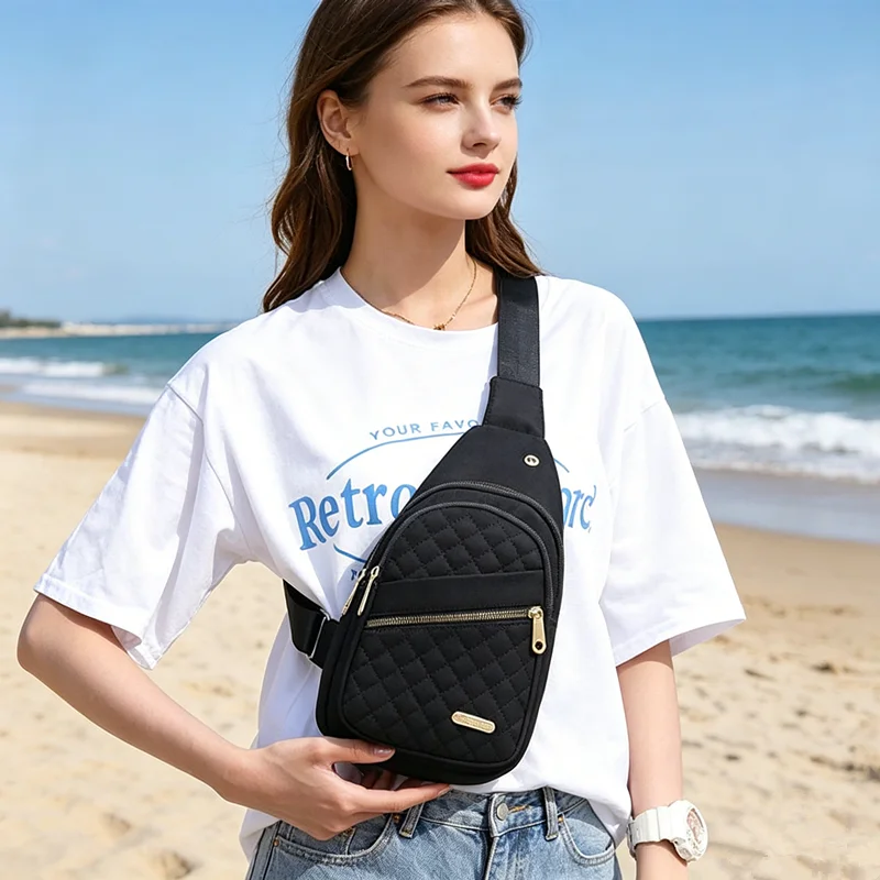 Gesteppte Nylon-Umhängetasche mit Goldreißverschluss, Mehrtaschen-Crossbody-Taschen für Damen und Herren, Alltags-, Freizeit-, Reise-, Outdoor- und Sporttasche – Detail 12