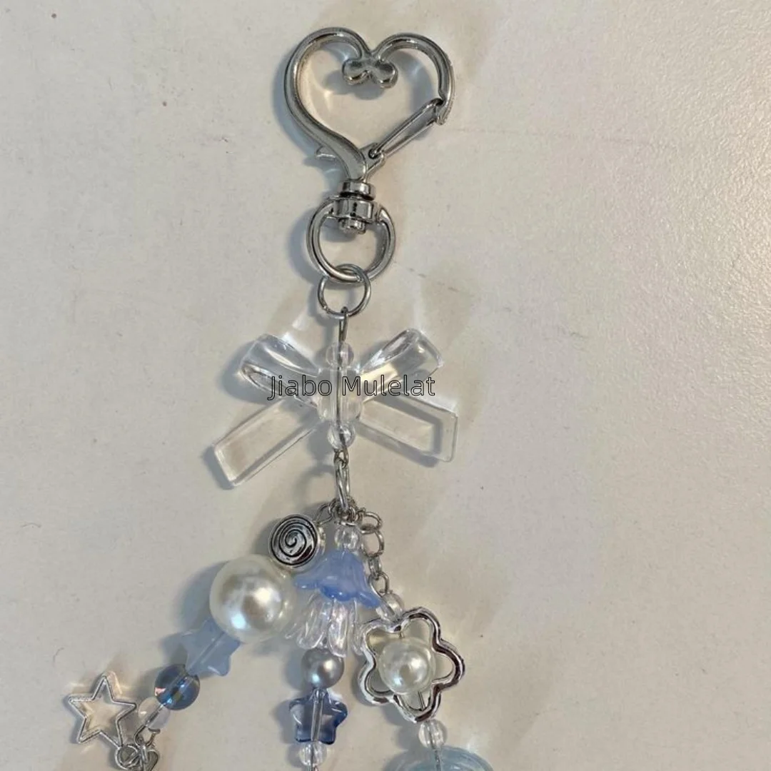 Y2k handmade white bow dot light blue jellyfish keychain