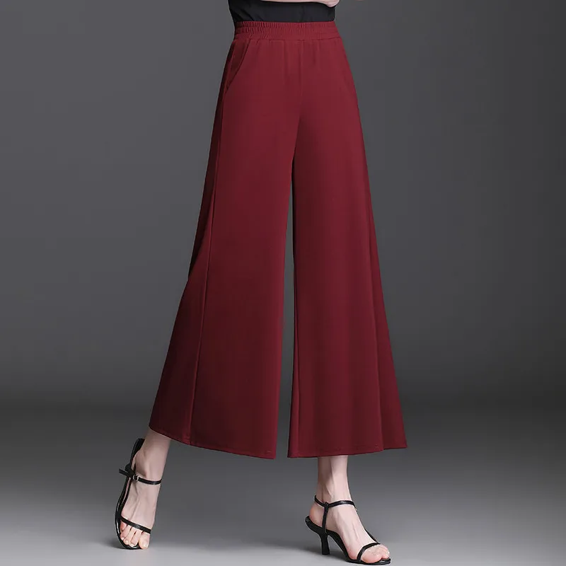 

Korean Version of red Copper Spandex Spring and Autumn Women's Wide Leg Pants High Waisted Slim and Loose Fitting Cropped Pants