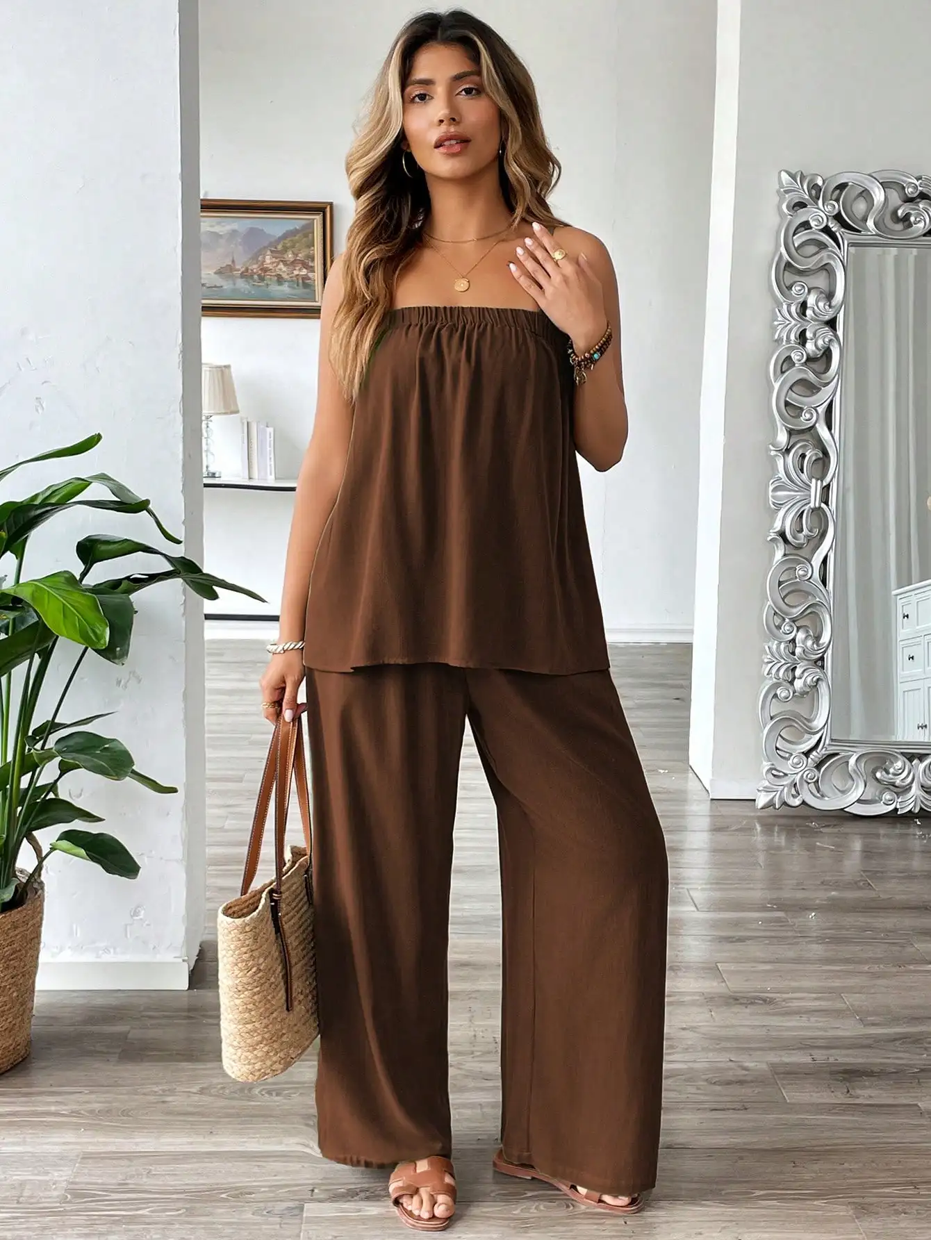 

Brown Two Piece Set Women Loose Wide Leg Pants Set Casual Sleeveless Top Summer