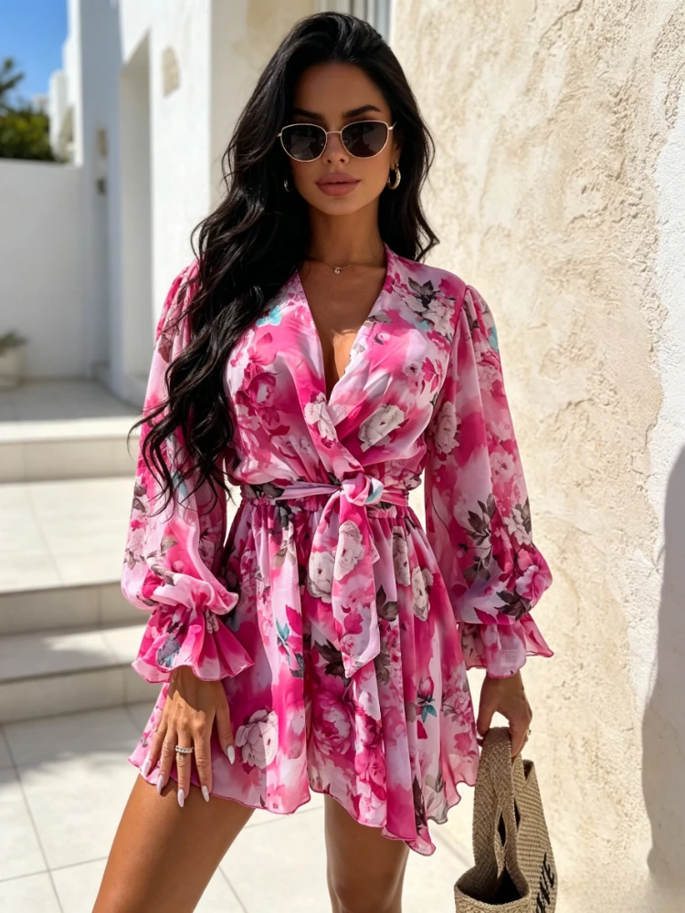 

Spring Summer Fashion New Women's Printed Chiffon V-neck Jumpsuit Elegant Vintage Women's Casual Ruffle Edge Jumpsuit