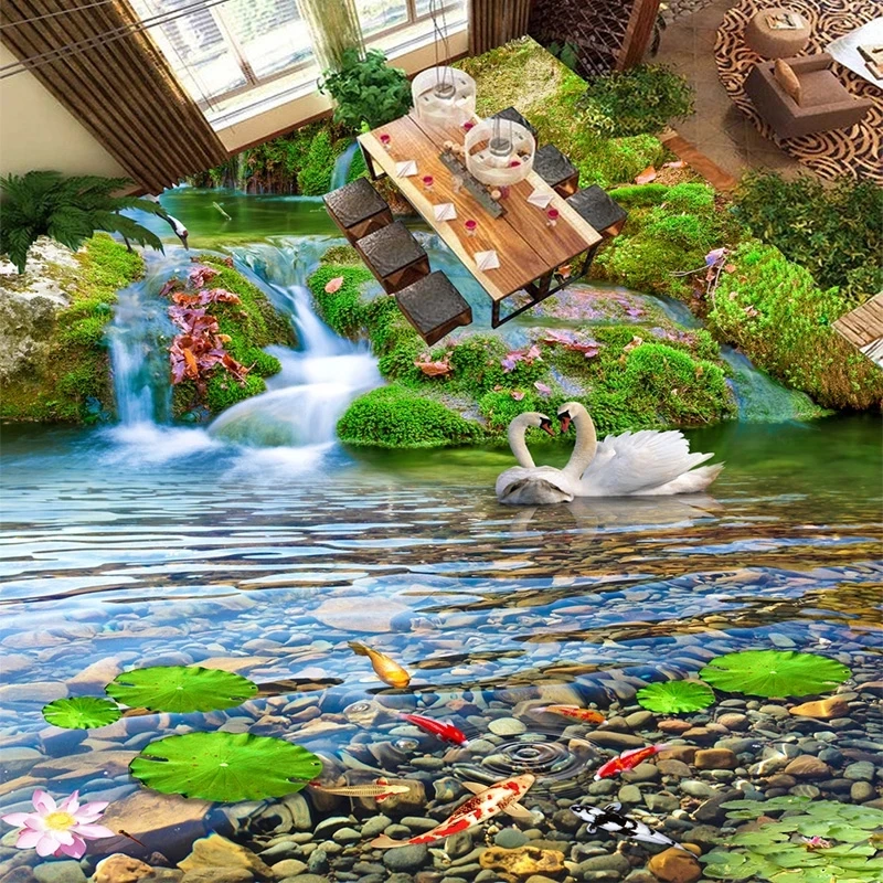 Custom Mural Self Adhesive Wallpaper 3D Waterfalls Red-crowned Crane Goldfish Landscape Floor Tiles Painting Sticker Waterproof