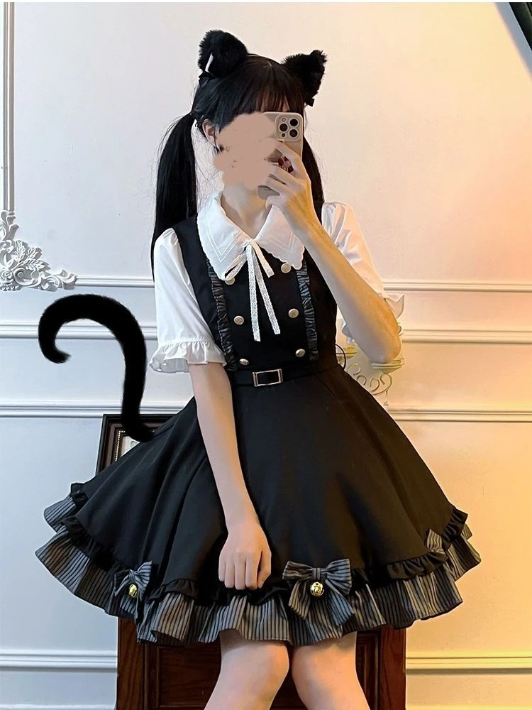 かわいいリボンフリルパッチワークドレスとフレアスリーブロリータブラウスY2k美的日本のかわいいツーピース女性用JKスーツ衣装