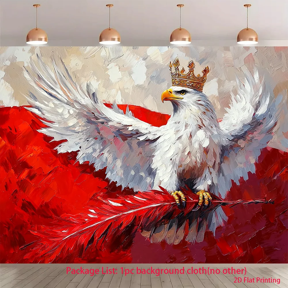 Majestic White Eagle Tapestry - Crowned Eagle on Red Feather, Symbolic Animal Art, Bold Wall Decor, Polyester, Multiple Sizes