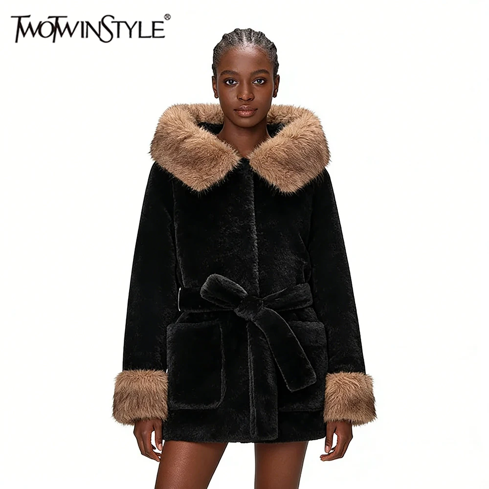 TWOTWINSTYLE Hit Color Spliced Fur Minimalist Quilted Coats for Women Hooded Collar Long Sleeves Patchwork Lace Up Coat Female