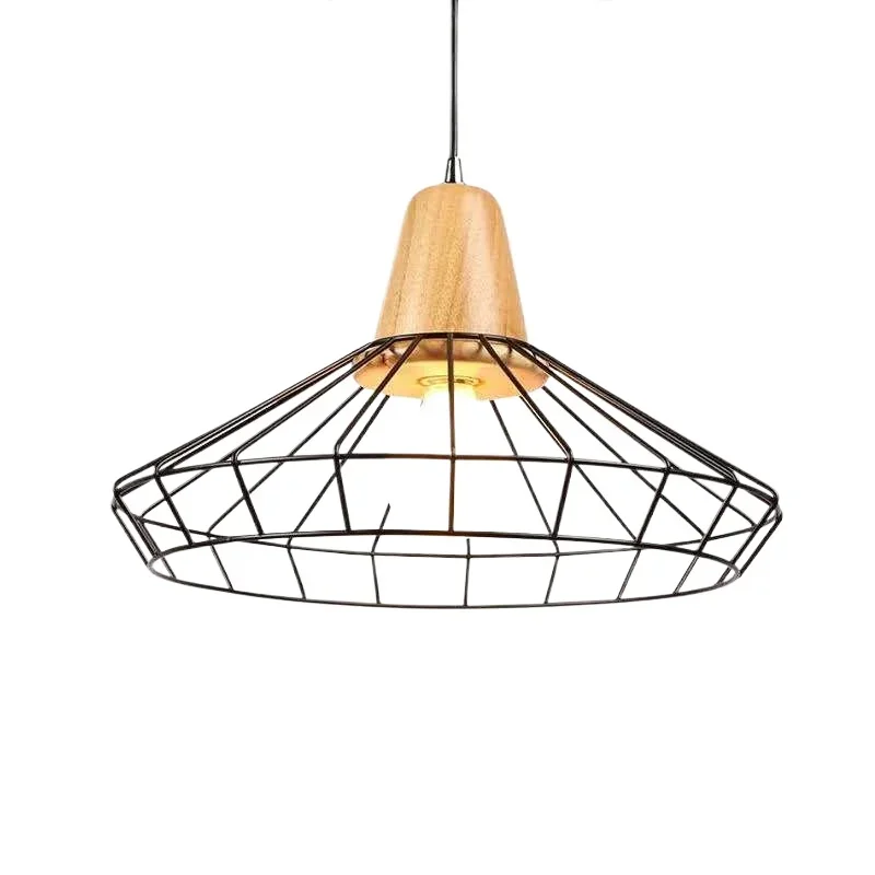 

American retro Nordic wrought iron chandelier, wood light bar coffee restaurant bedroom mesh chandelier