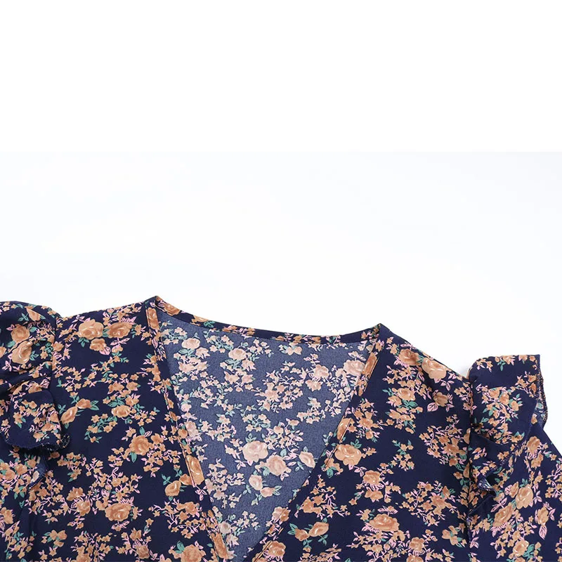 Women's Deep Blue Floral Print Dress Boho Deep V-Neck Ruffle Long Sleeve Waist Belted Flowy Midi Dress for Autumn Daily Party