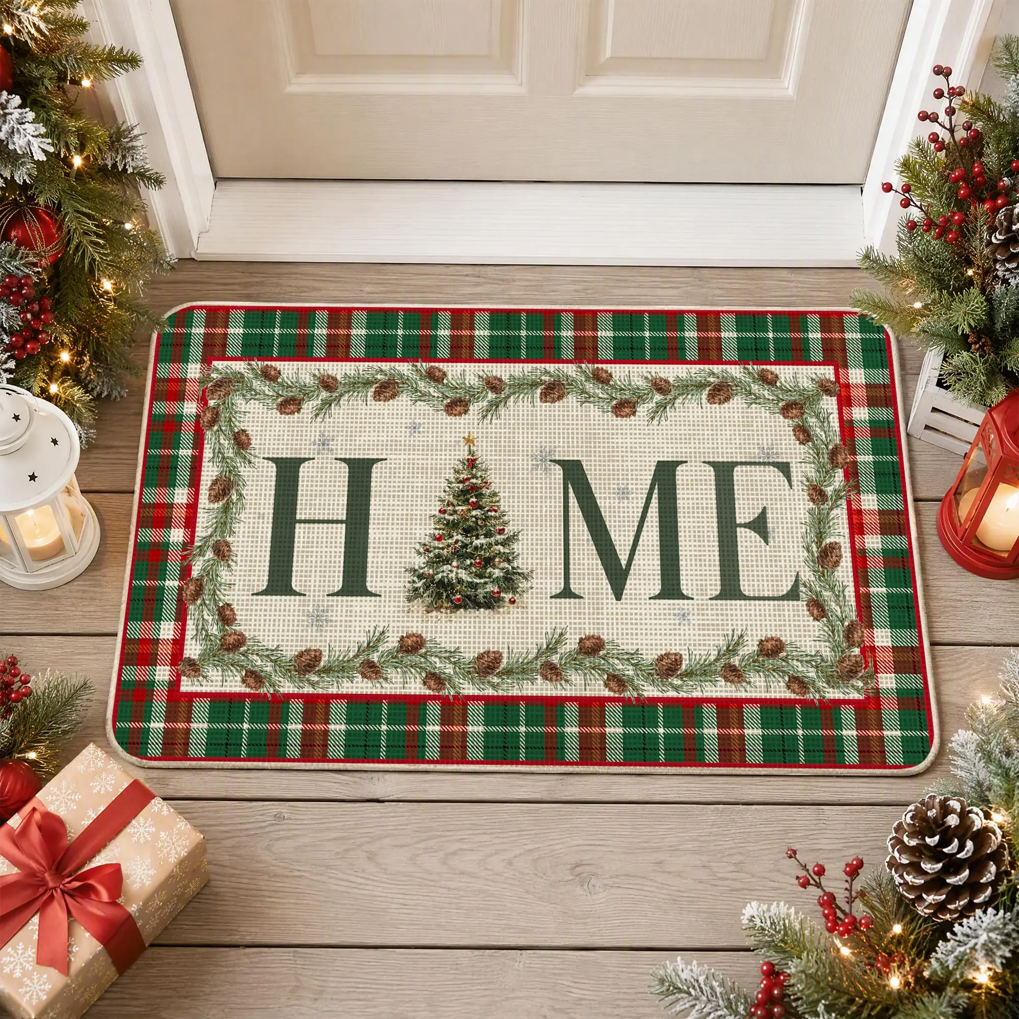 Festive Wreath Print Coir Welcome Mat Non Slip Outdoor Entryway Rug Christmas Front Porch Decor