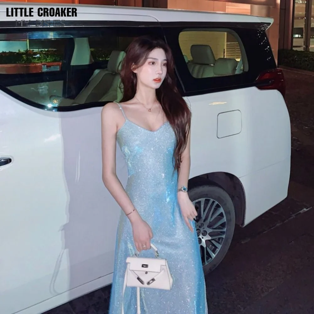 New Summer Glitter Pink Light Blue Night Party Spaghetti Strap Dresses for Women Elegant Women's Holiday Midi Dresses