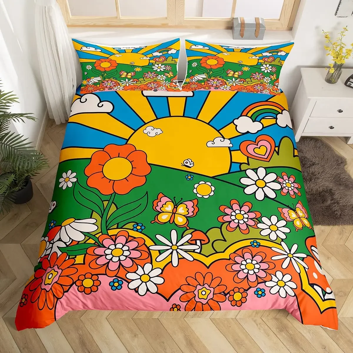 Boho Mushroom King Queen Duvet Cover Hippie Rainbow Bedding Set Groovy Floral Comforter Cover Cartoon Star Polyester Quilt Cover