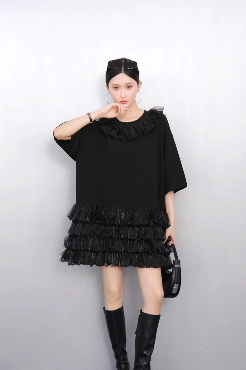 2025 Wiosna Lato Moda Eleganckie O-Neck Luźne Długie T-shirty Sukienki Kobiety Siatka Puszysta Sukienka Ladies J1090