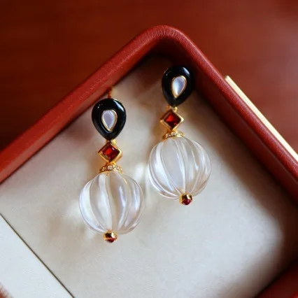 Natural Clear Quartz Pumpkin Bead Garnet Black Agate White Shell Earrings 925 Sterling Silver Luxury Fine Jewelry Gift For Women