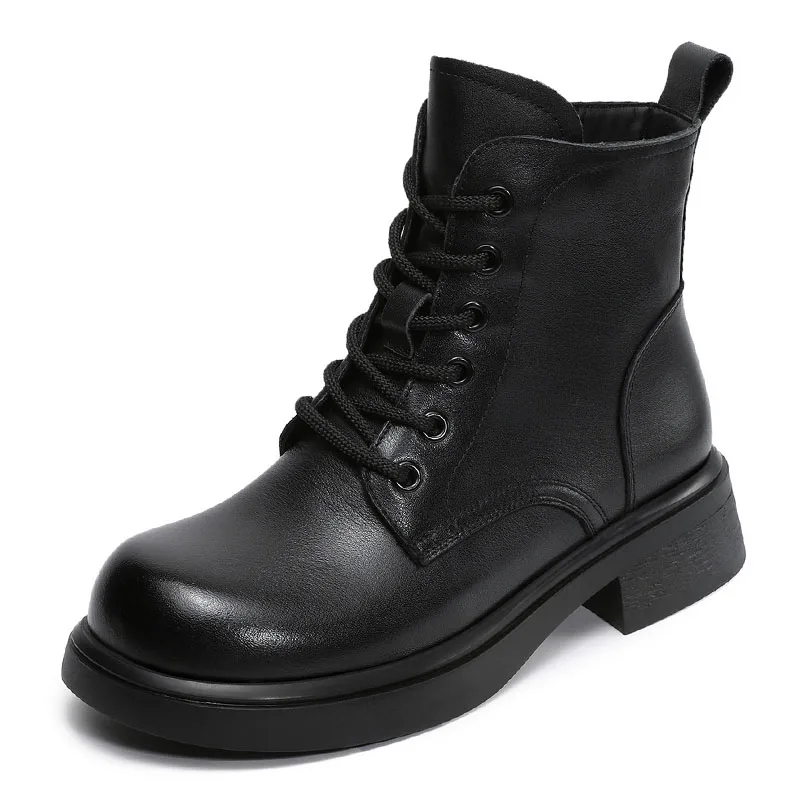 DRKANOL Fashion Women Thick Heel Ankle Boots Autumn Winter Round Toe Genuine Leather Side Zipper Soft Outside Casual Short Boots