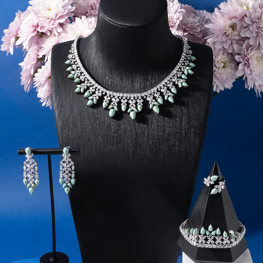 

IN JEWELIFE Luxury Tous Original Jewelry Sets with Turquoise Cubic Zircon Women Necklace Gift Set for Lady Woman Outfit