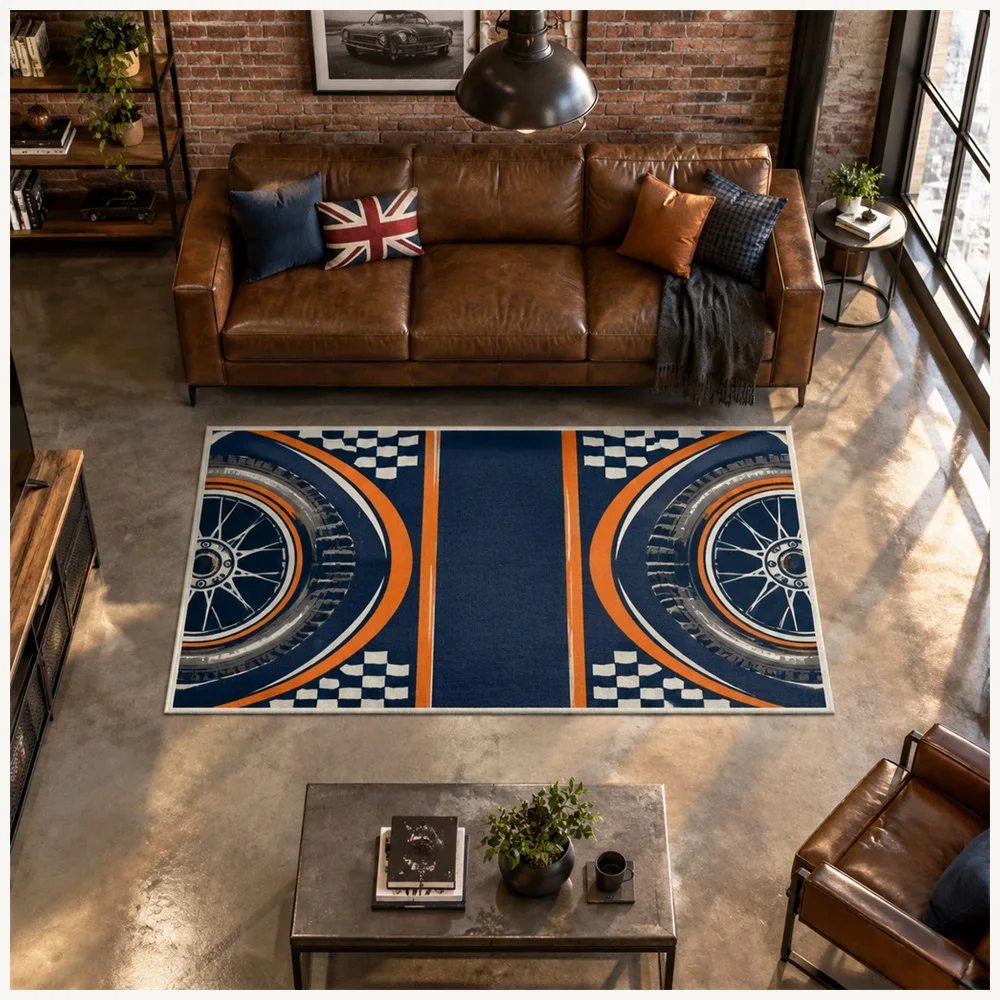 VIKAMA Racing Retro Navy Orange Tyre Wheel Flannel Door Mat, Washable Quick Dry Door Mat, Garage Decor for Dining Room, Bathroom